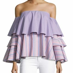 Caroline Constas Carmen off the shoulder Blue white Ruffle Strapless Top S